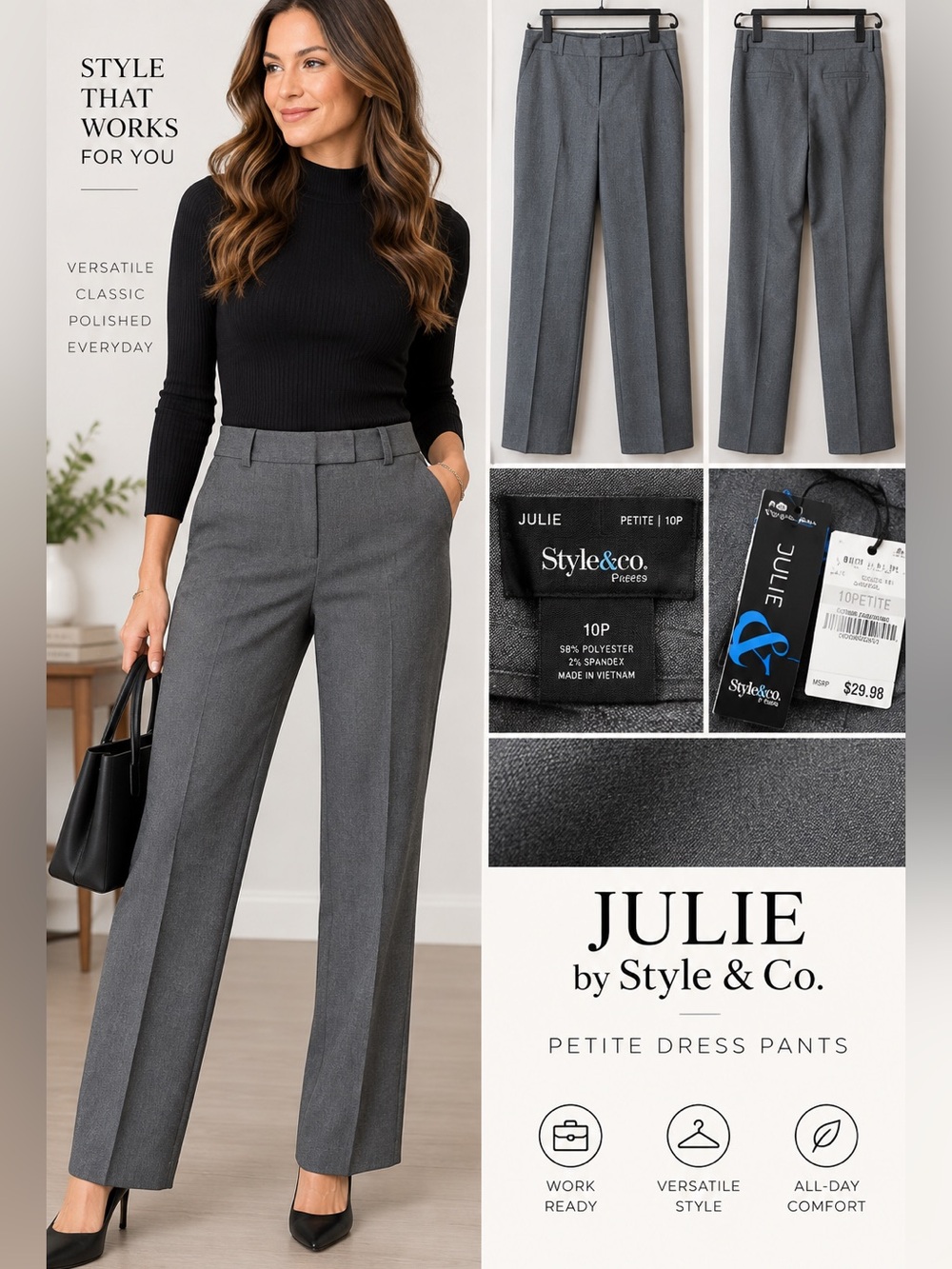Style & Co. Julie Petite Straight-Leg Dress Pants in Gray Size 10P